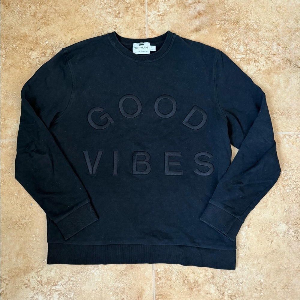 Topman Black Crewneck Sweatshirt with Raised "GOOD VIBES" Text